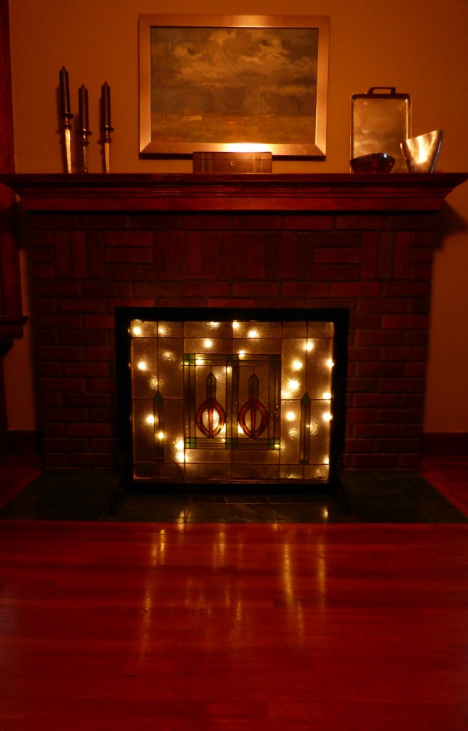 Stained Glass Fireplace Screen with Christmas lights